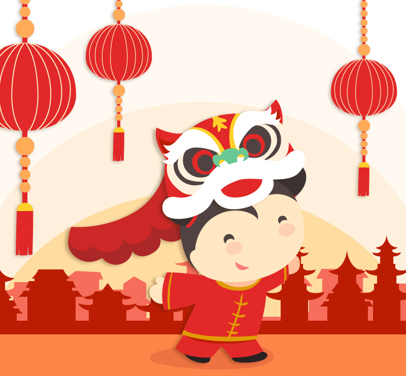 Chinese New Year lion dance little girl vector material
